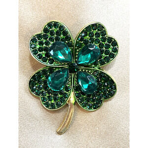 Four Leaf Clover Brooch Pin Green Rhinestone Luck of the Irish Shamrock Costume